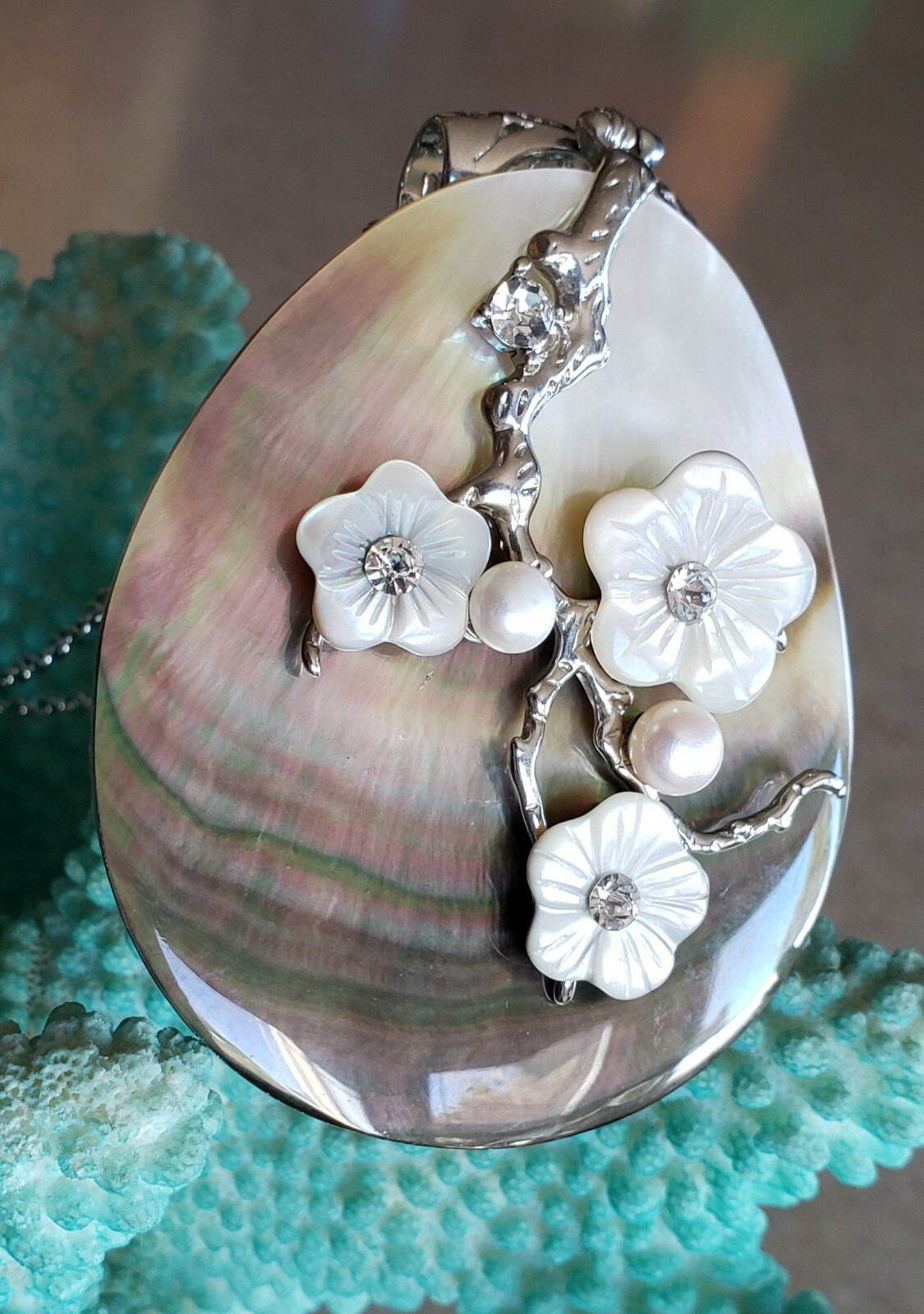 Abalone Shell Necklace Stunning, Faux Diamonds Flowers Pearls Coastal Jewelry