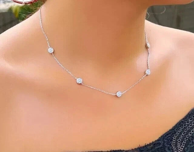 14k White Gold Round Natural Diamond By The Yard Bezel Station Necklace 18″