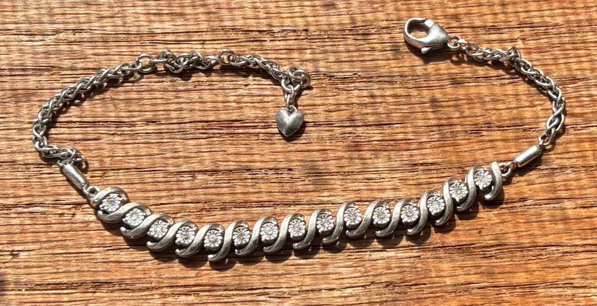 925 Sterling Silver CZ Twisted Link Tennis Bracelet Heart Charm Adjustable 7-8”