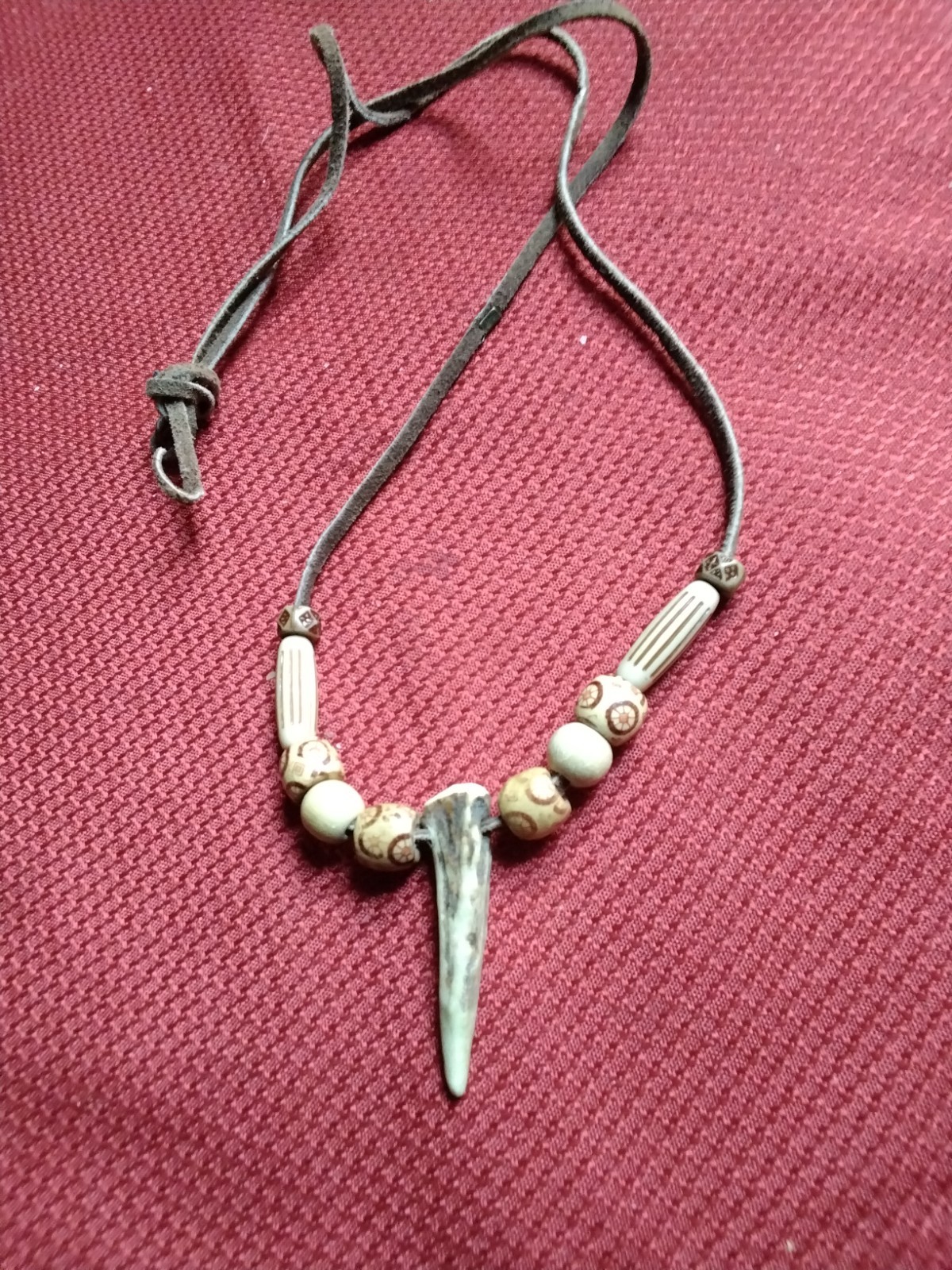 Deer antler necklace w/beads, leather lace strap 17 inches in length