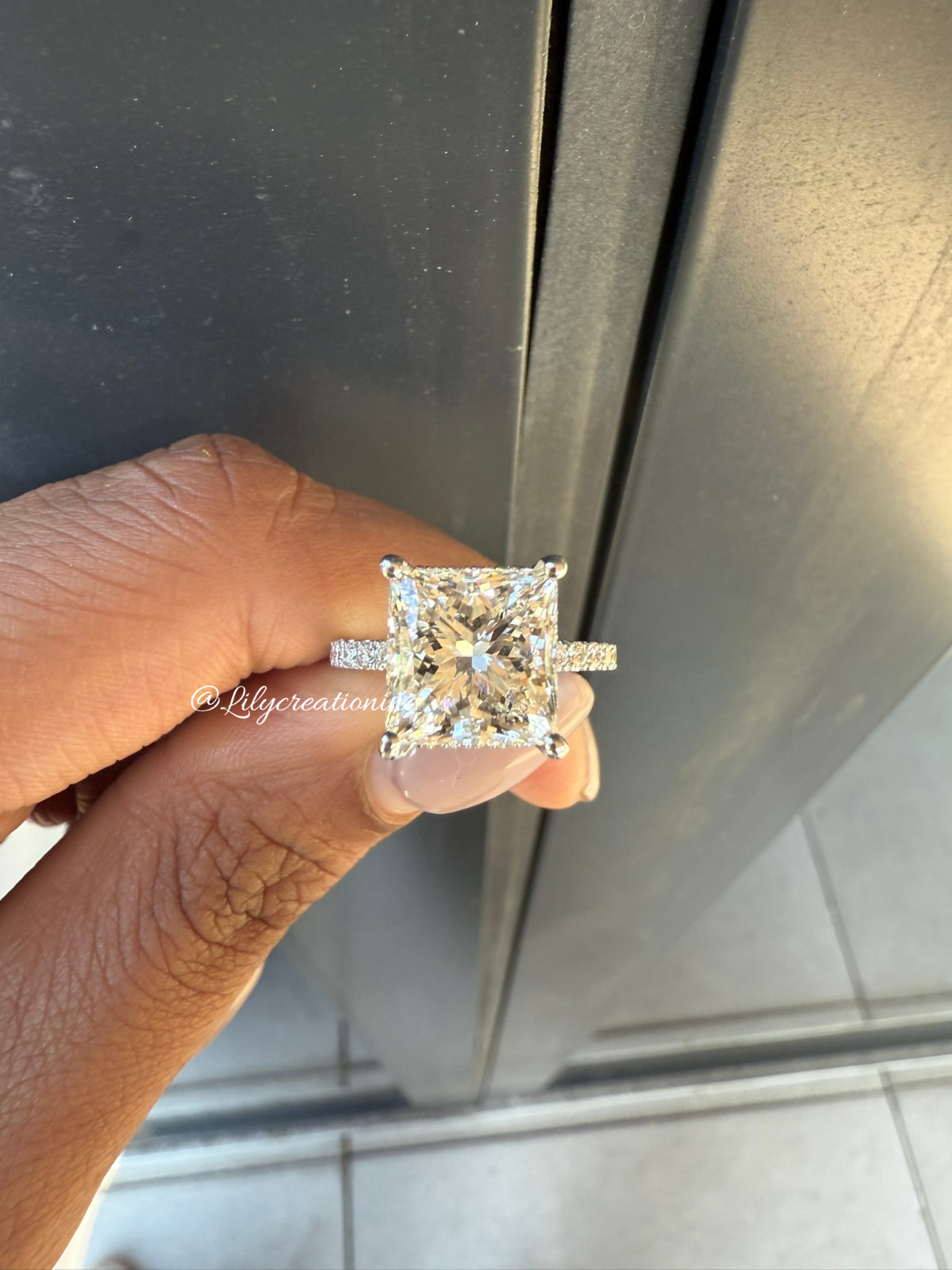 7Ct Princess IGI Certified Lab Grown Diamond Engagement Ring Pave Side Stones