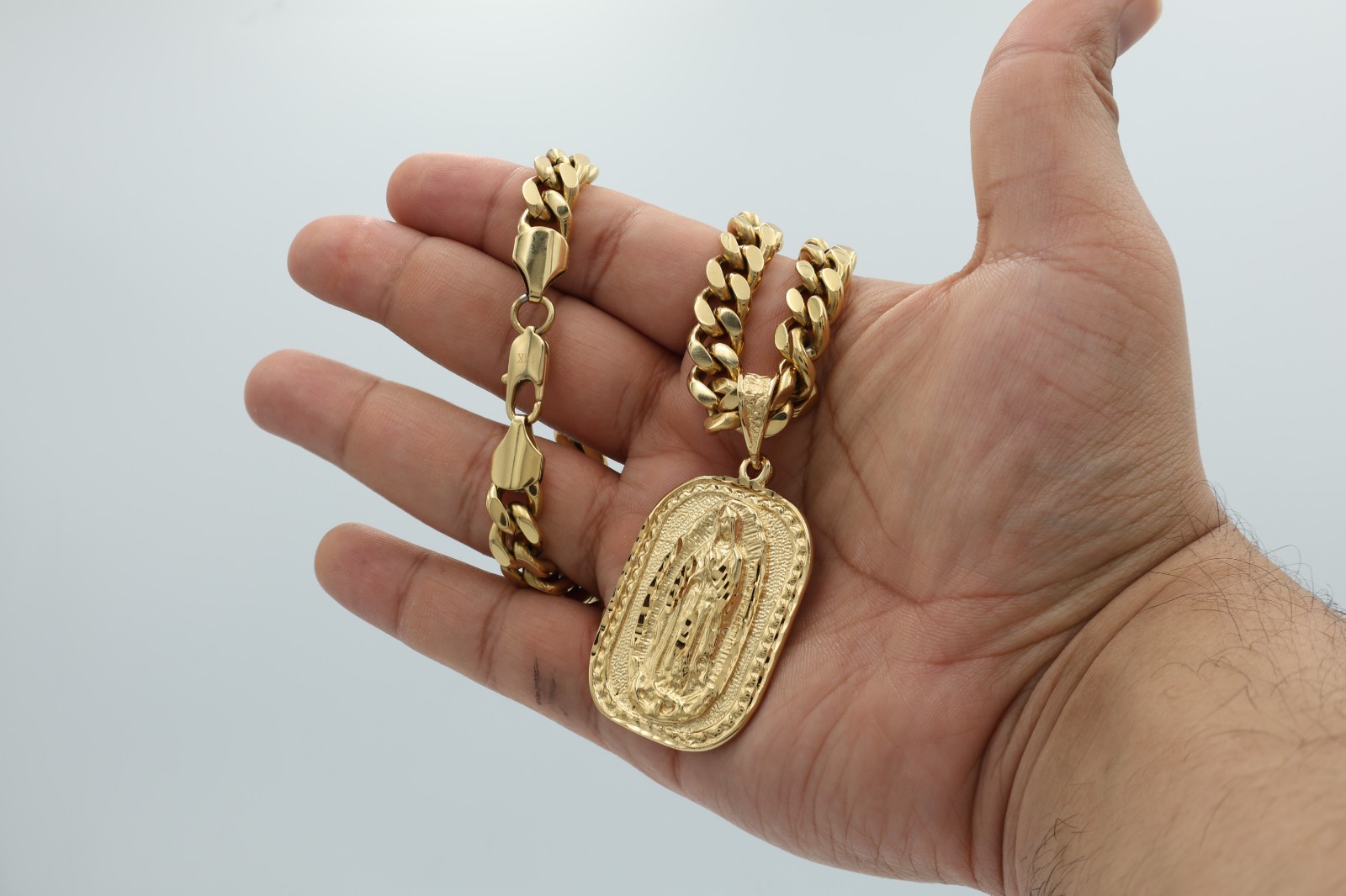 Large Virgin Mary Necklace, Gold Guadalupe Pendant, 14k Heavy Plated, 10mm Cuban