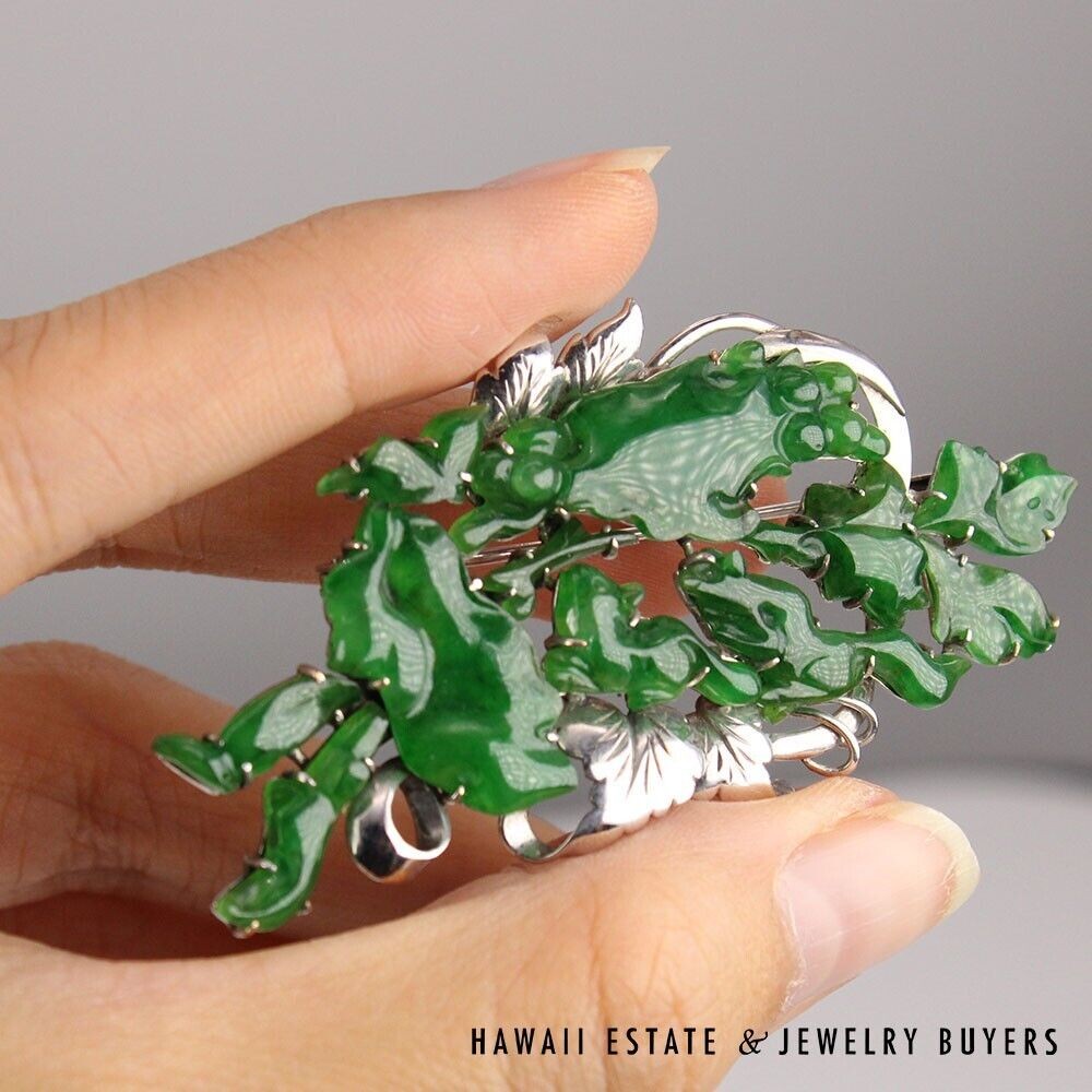 GIA Natural Green Jade Brooch 15.3g 14K White Gold 30x12mm