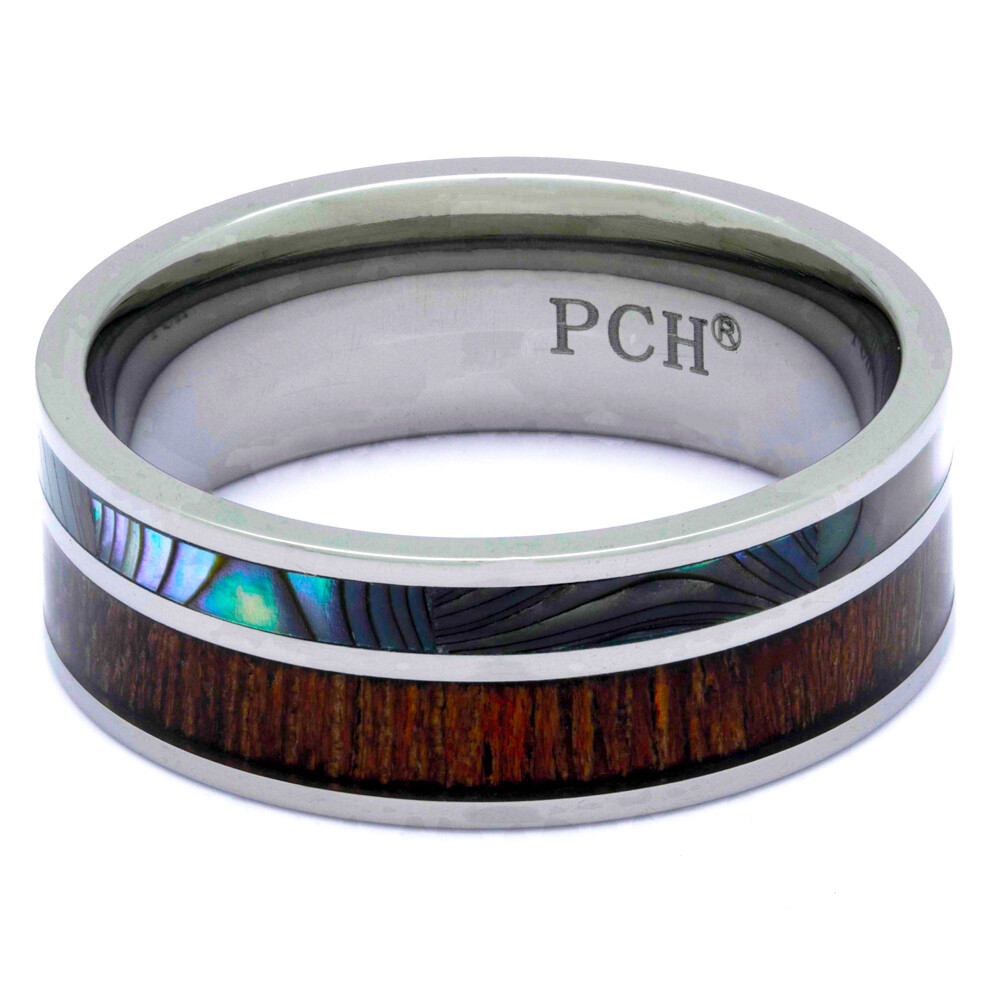 Titanium Hawaiian Koa Wood and Abalone Ring 8mm Comfort Fit Band Size 8 to 15