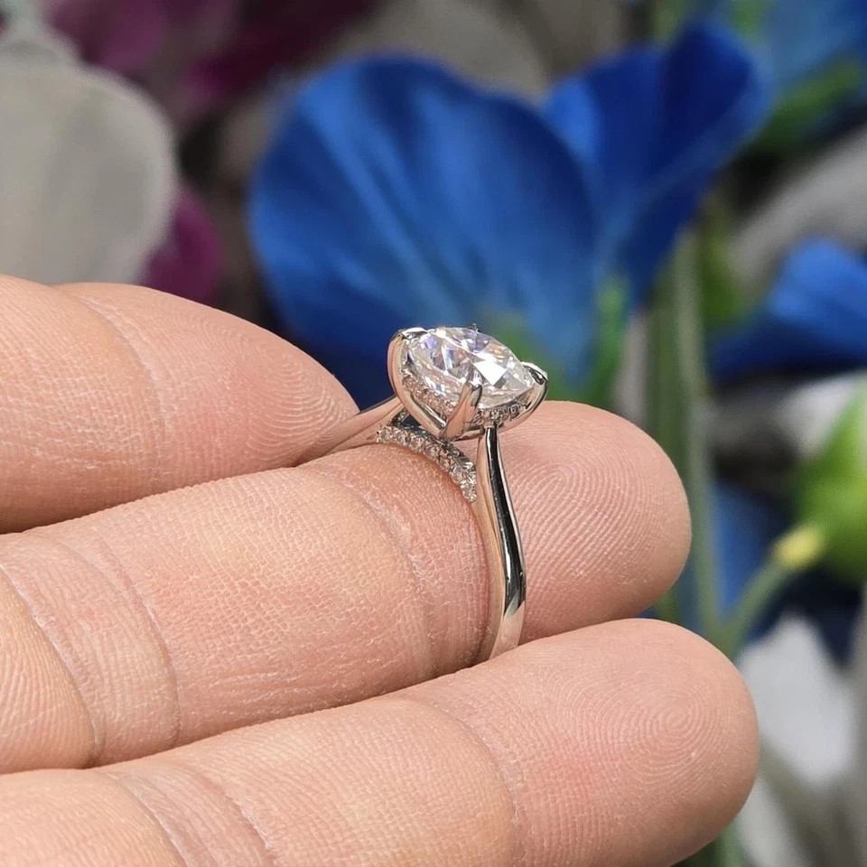 2CT Cushion-Cut Moissanite Hidden Halo Engagement Ring 14K White Gold Plated