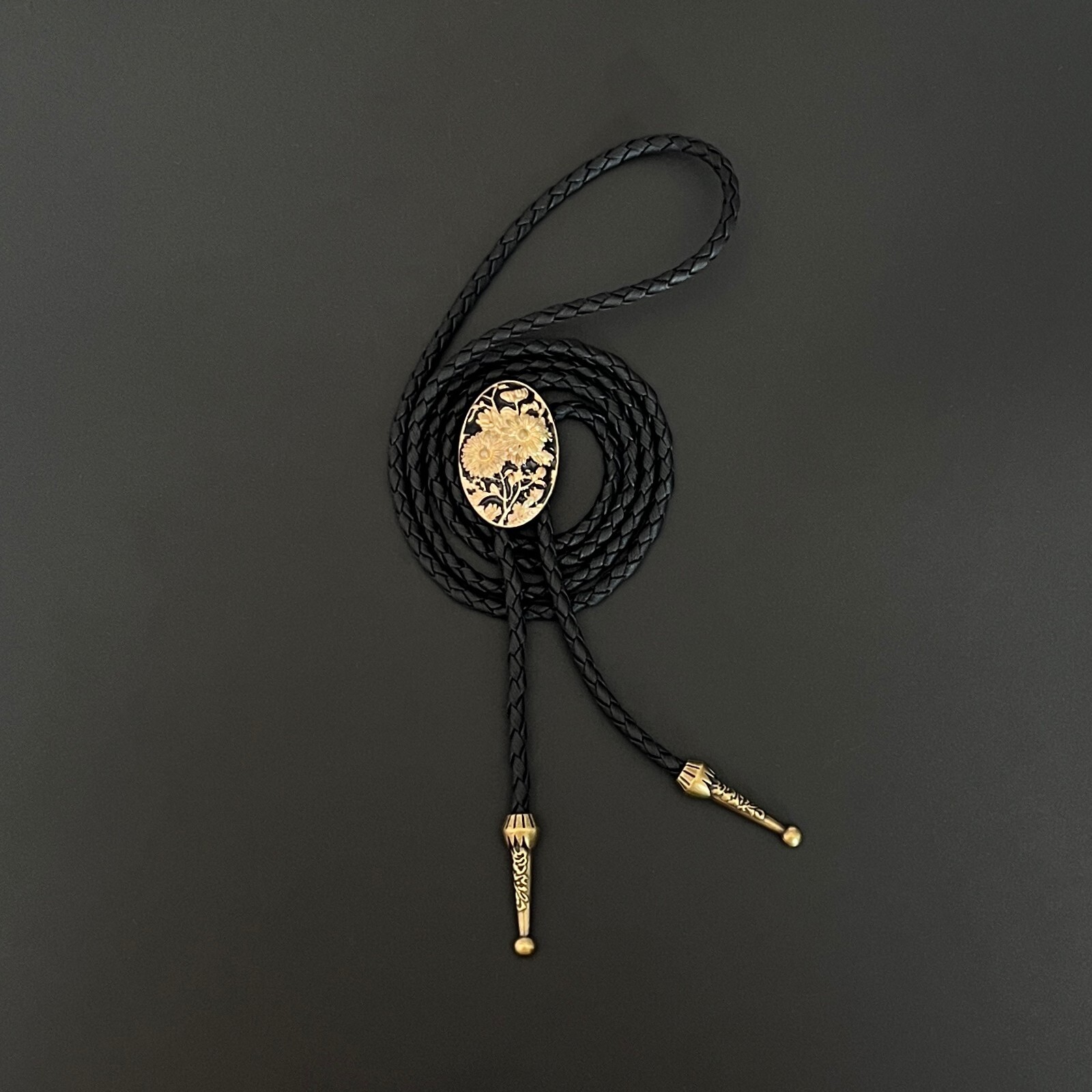 Vintage Carved Enamel Drop Glaze Chrysanthemum Bolo Tie Western Wedding Necklace