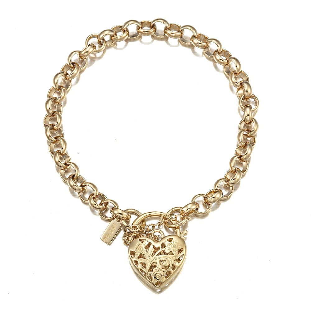 18K GL Solid Belcher Yellow Gold Bracelet & Filigree Heart Padlock