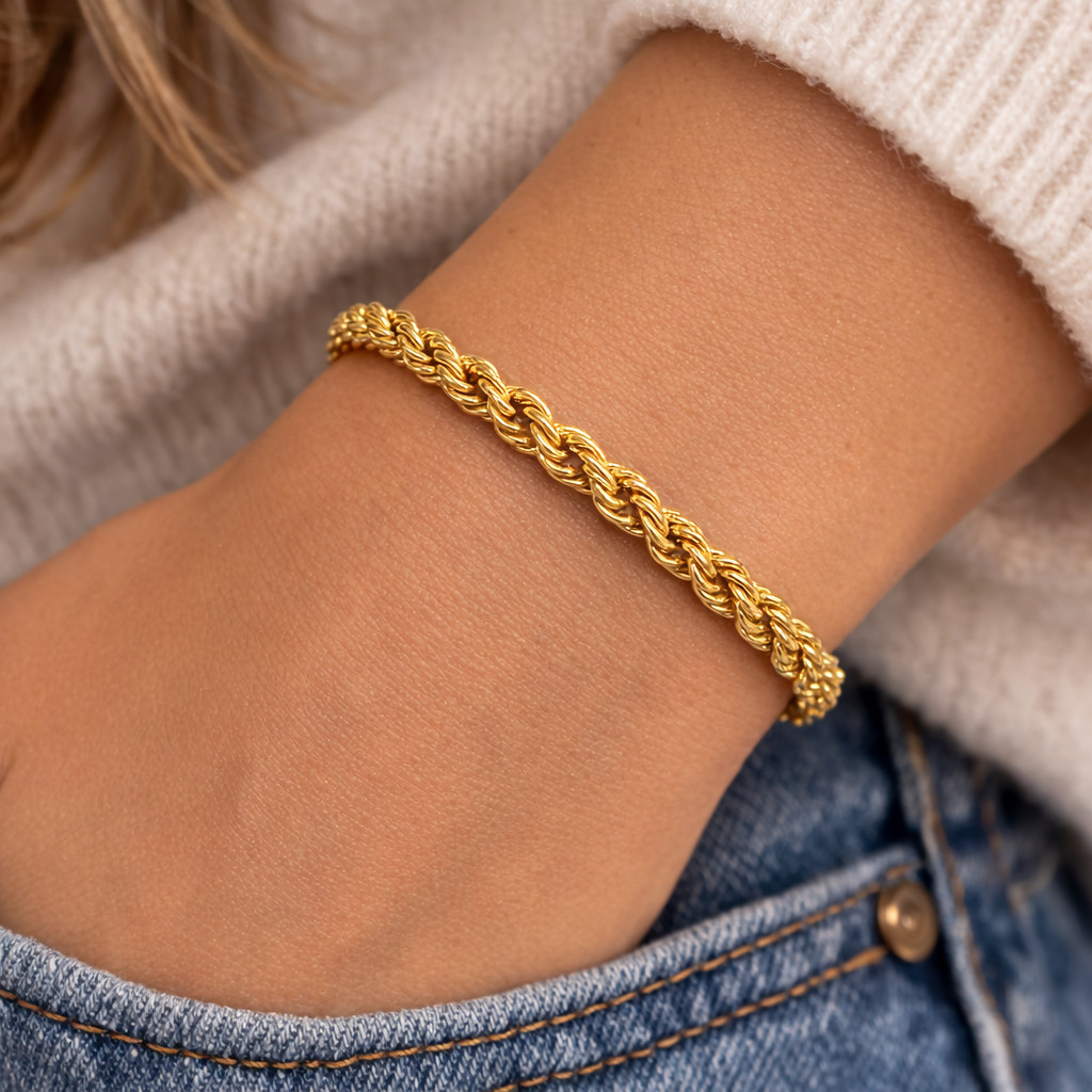Real Italian 1/200 14K Yellow Gold Overlay Oro Rope Link Bracelet Pulsera Link