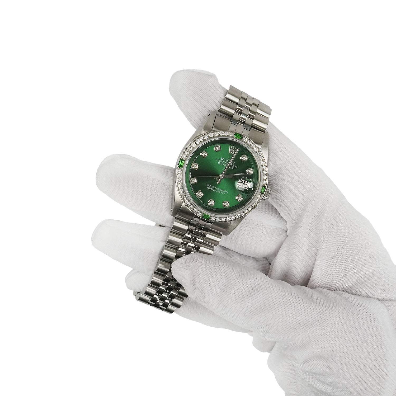 Rolex Datejust 1603 36mm Green Dial 18K White Gold Diamond Emerald Watch