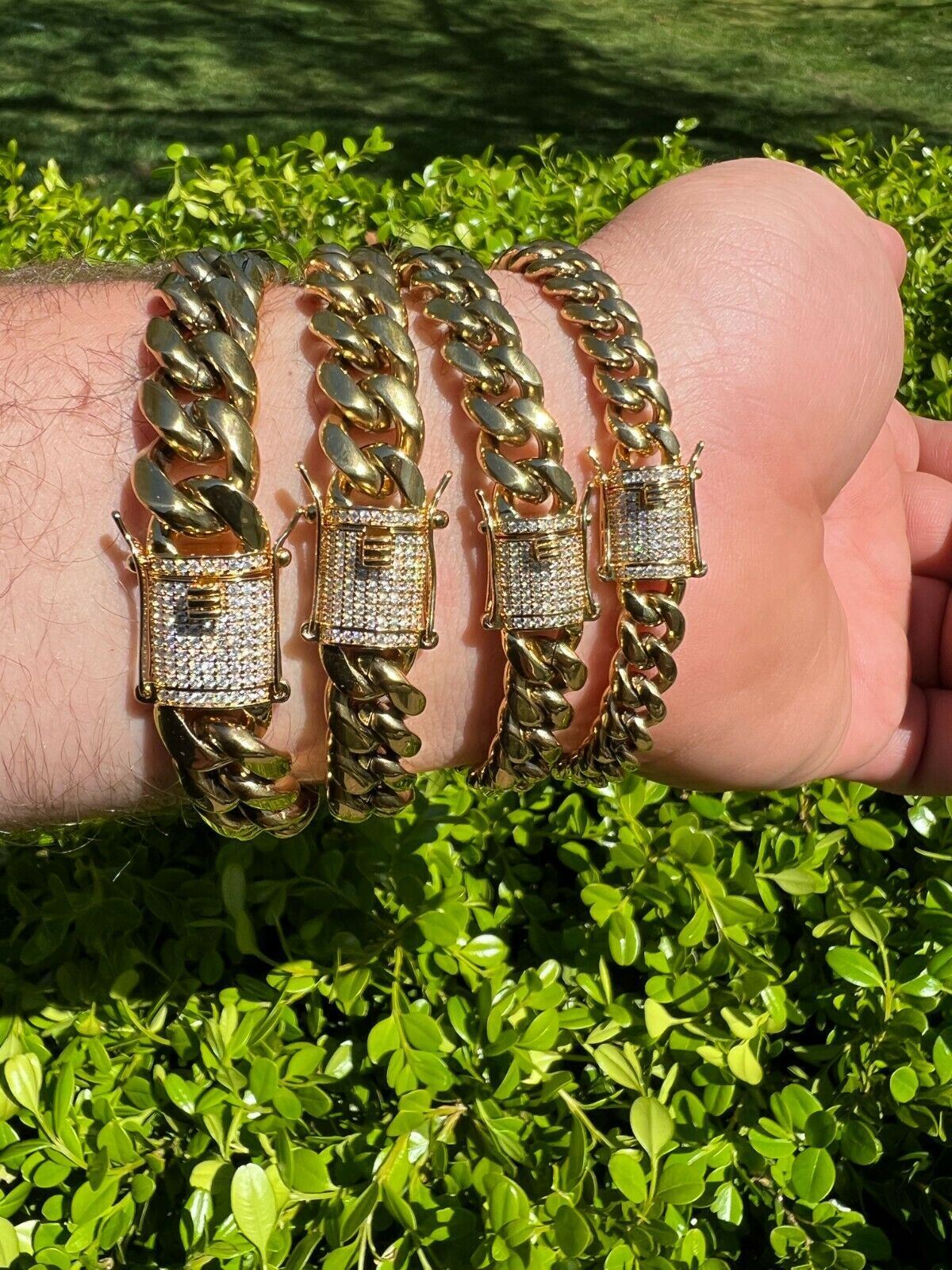 Miami Cuban Chain Necklace Bracelet 14k Gold Plated Stainless MOISSANITE Clasp