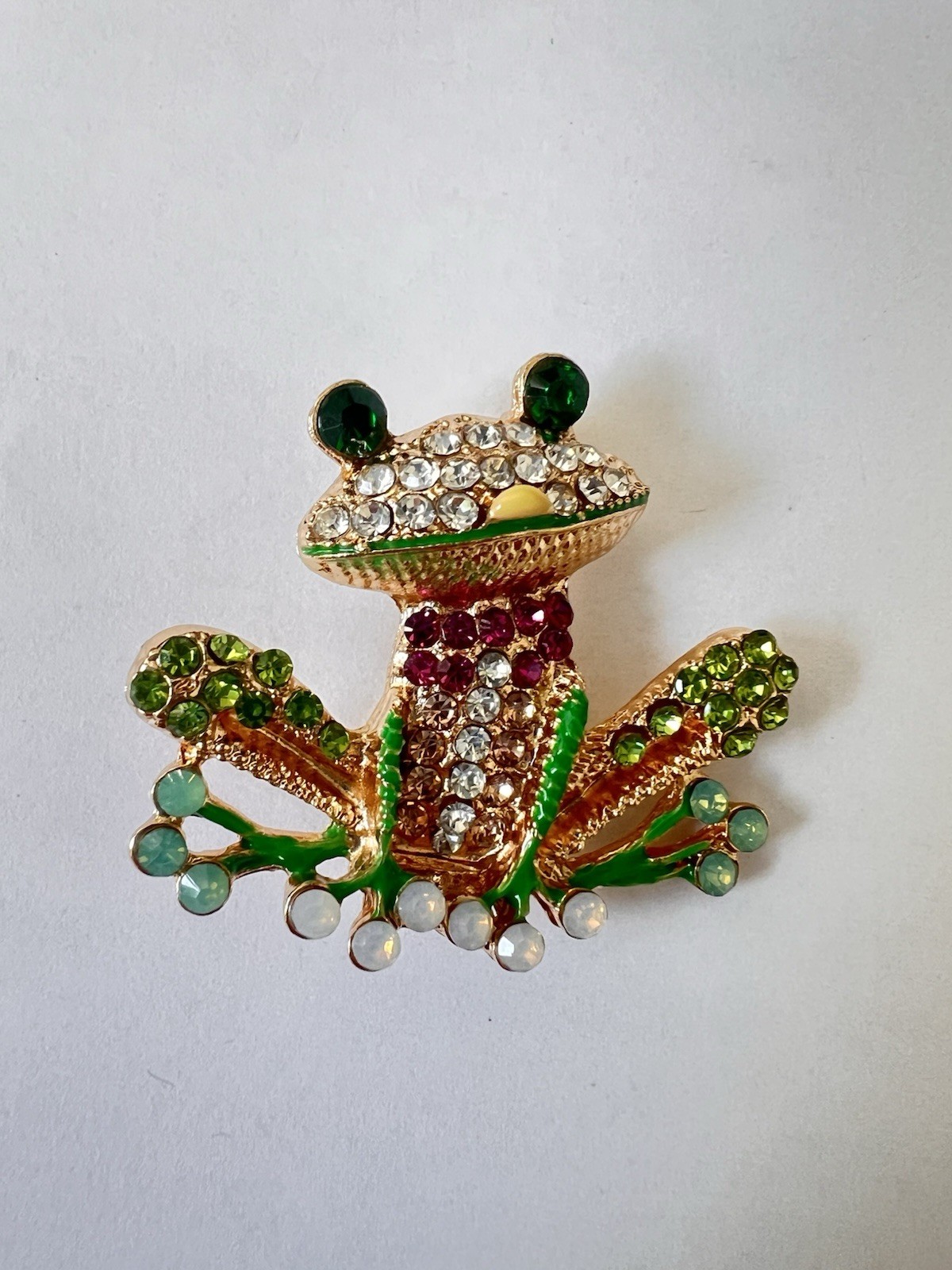 Rhinestone Frog Brooch Pin Green Enamel Gold Tone Crystal Cute Animal Jewelry