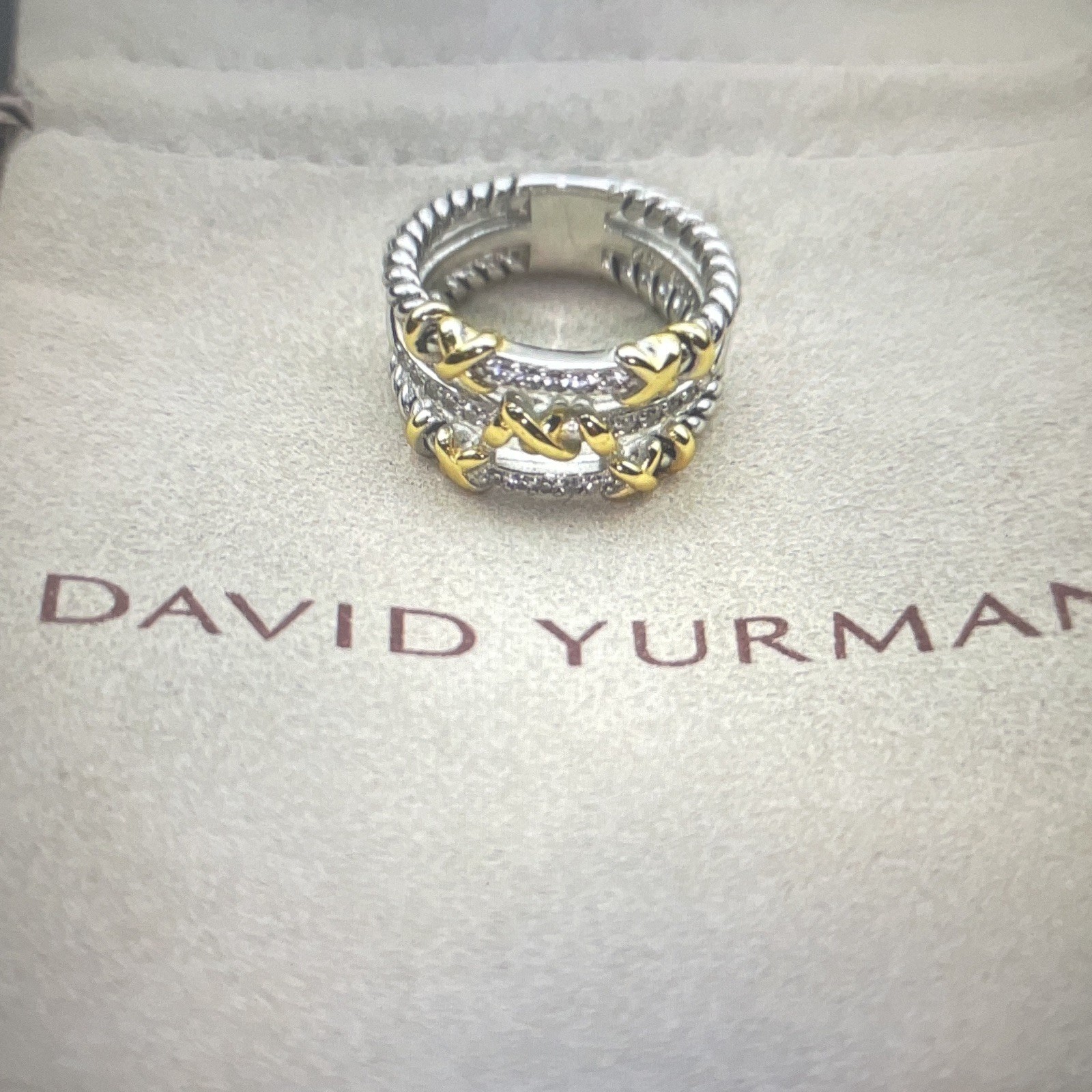 David Yurman Twisted Wrap Band 925 Silver 18K Gold Three Row Pave Diamond Ring 8