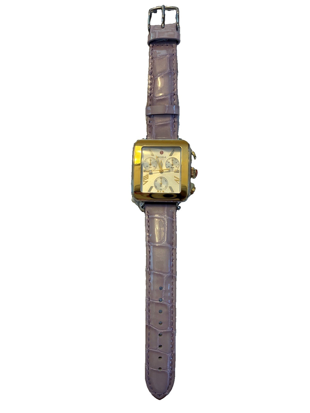 Ladies Gold Tone Watch By Michele With Lavender Leather Band