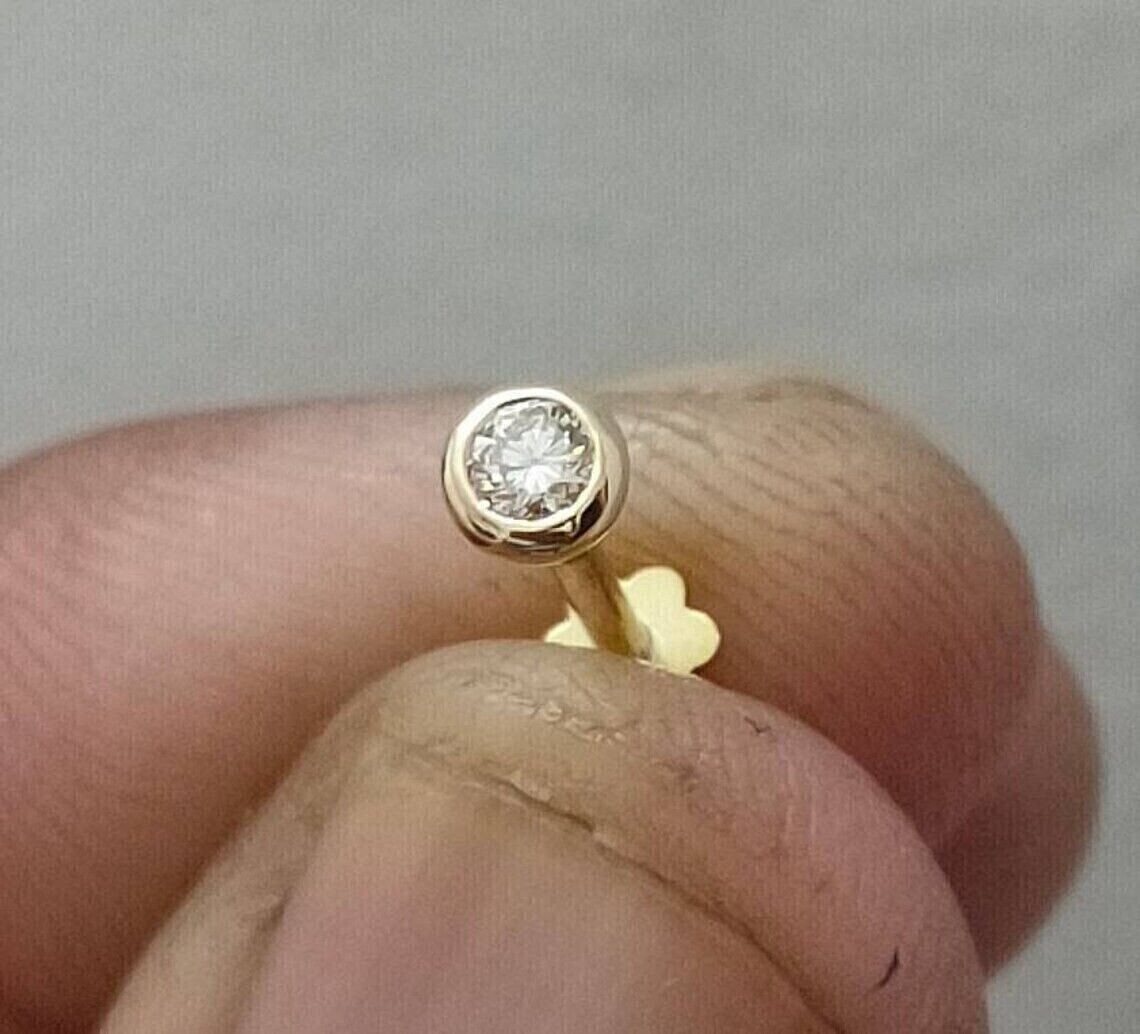 0.06 CT Round Cut Natural Diamond Bezel Set Nose Piercing Pin 14K Yellow Gold