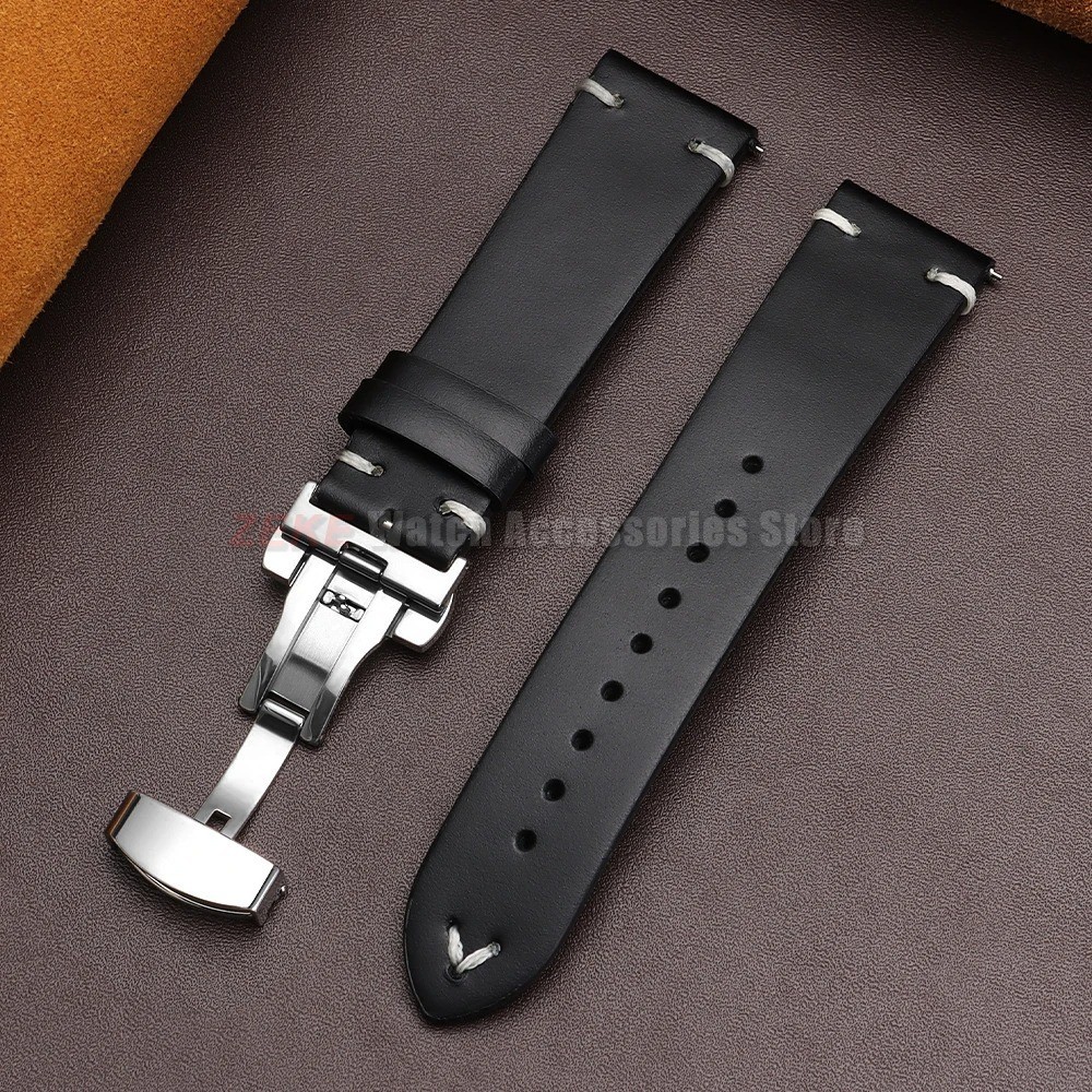 Genuine Leather Butterfly Buckle Watch Bands 18/20/22mm Waterproof Retro Oil Wax