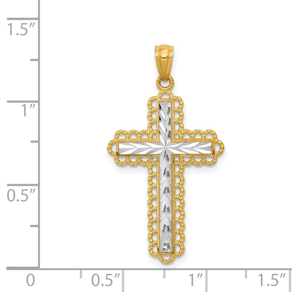 14k Yellow Gold w Rhodium Diamond Cut Cross Pendant 1.08g (L- 34mm, W-18.25mm)