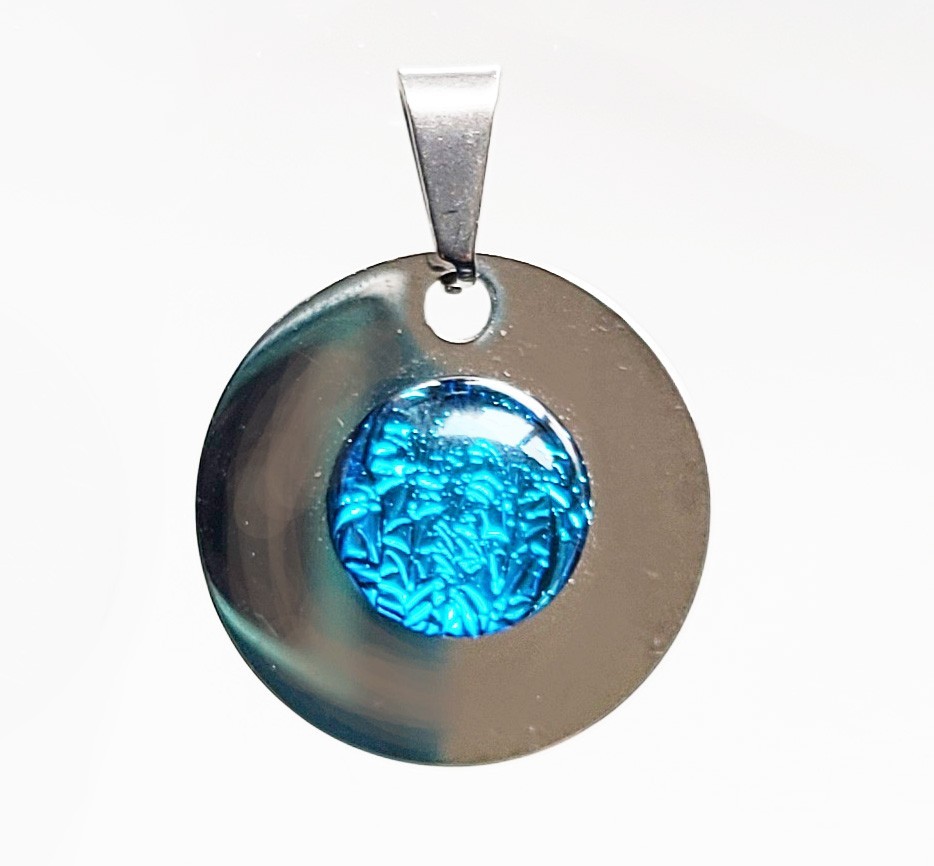 Dichroic Glass Stainless Steel Disk Pendant, Handcrafted