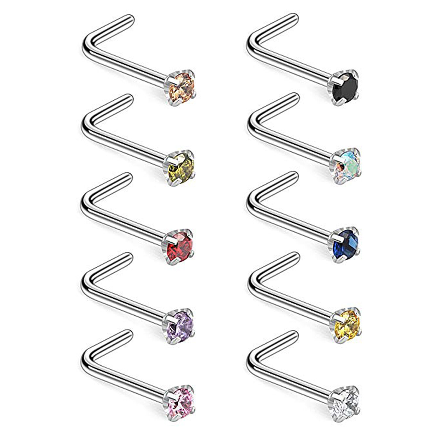 10PCS 18G Surgical Steel Color CZ Nose Stud Rings L Shaped Body Piercing Jewelry