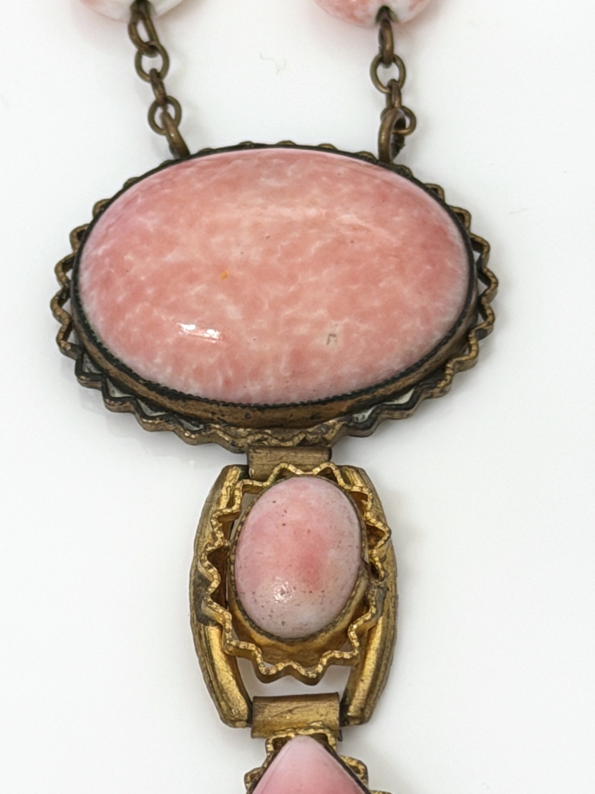 Antique Vintage 1930s Signed CZECH Art Deco Pink Peking Glass & Brass Necklace