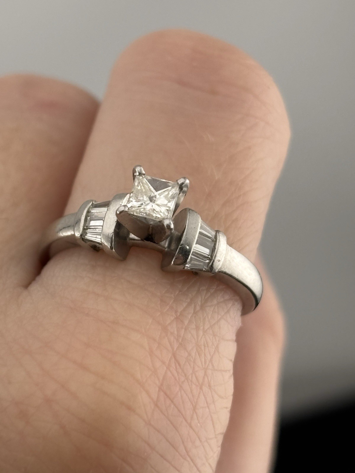 Estate 950 Platinum Princess Cut Diamond Engagement Ring w Tapered Baguette sz 7
