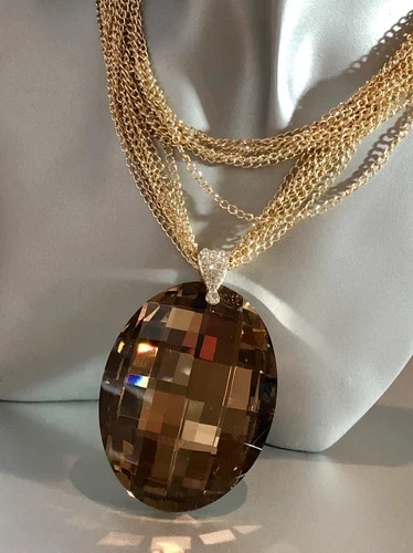 14K Gold Plated Chain Brown Big Oval Pendant Sweater Necklace Toggle Clasp