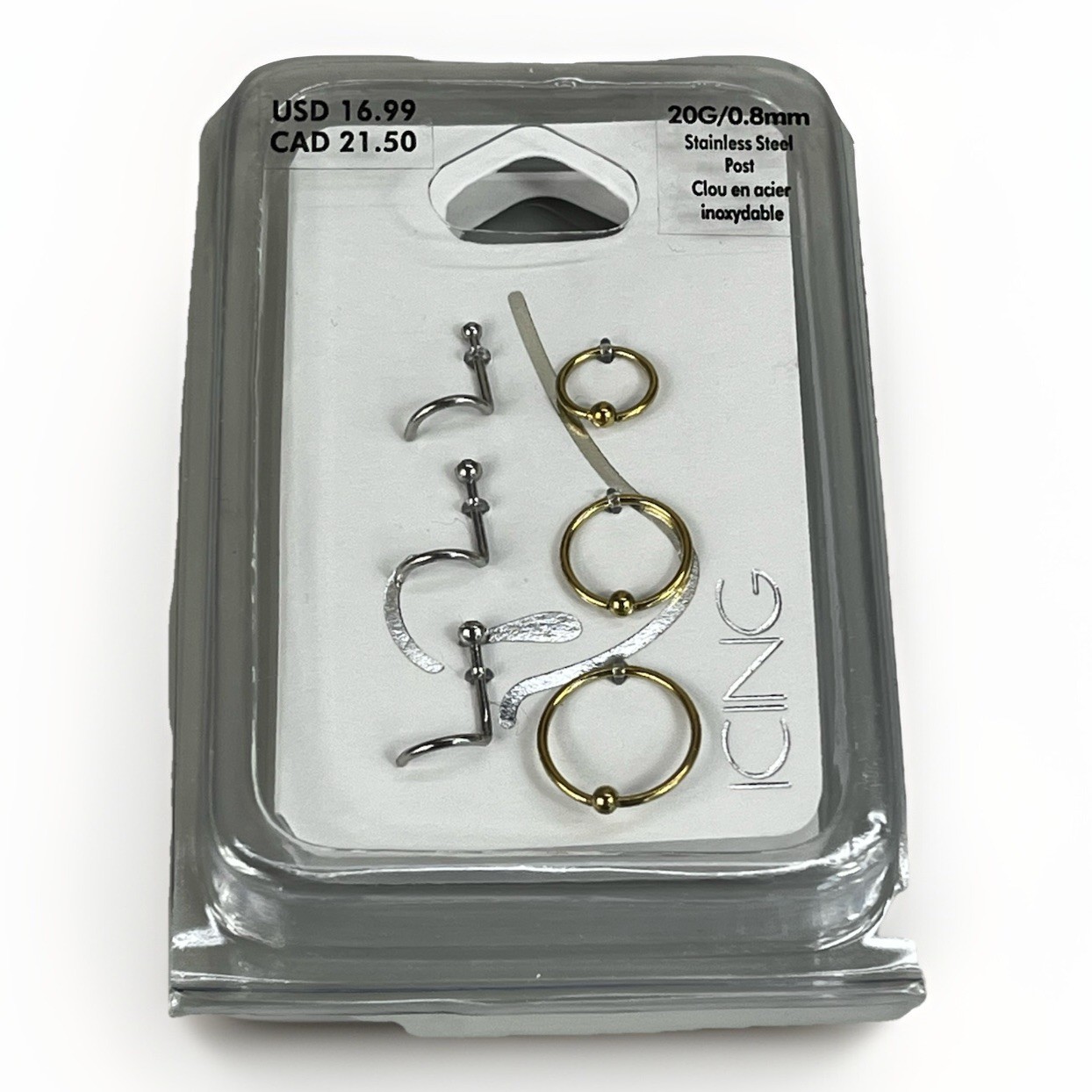 ICING Nose Rings Set of Six/ 3 Hoops, 3 Studs Color Silver/ Gold- 20G/0.8mm NWT!