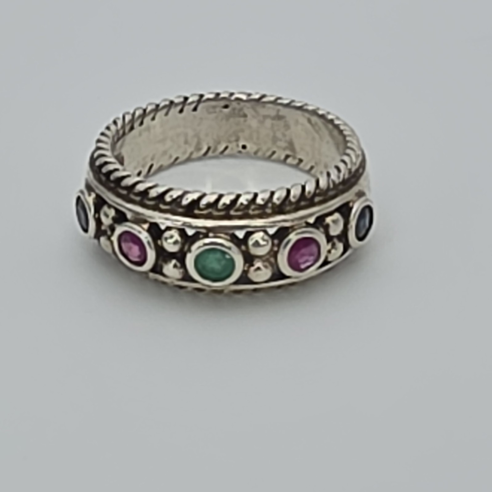 Vtg PRANDA Genuine Ruby Emerald Sapphire Ring 925 Sterling Silver Thailand Sz 8