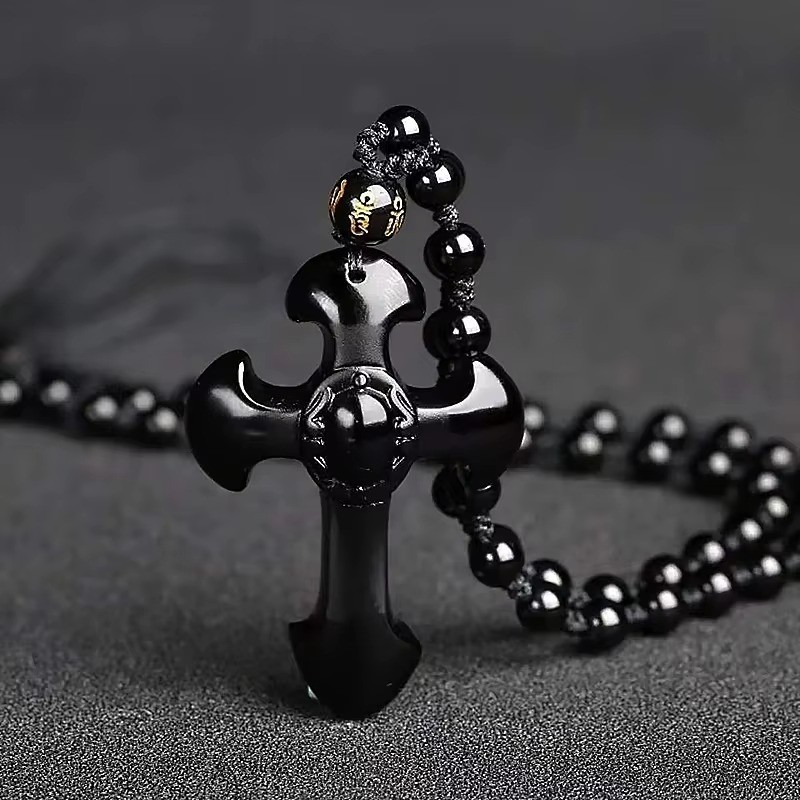 Natural crystal black obsidian cross necklace Amulet pendant with chain
