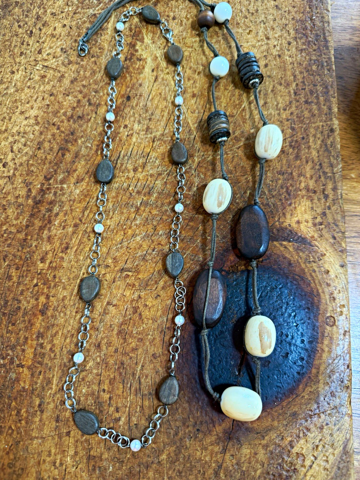 Lot of 2 Brown & Beaded Necklaces Cable Chain Spring Ring Oval