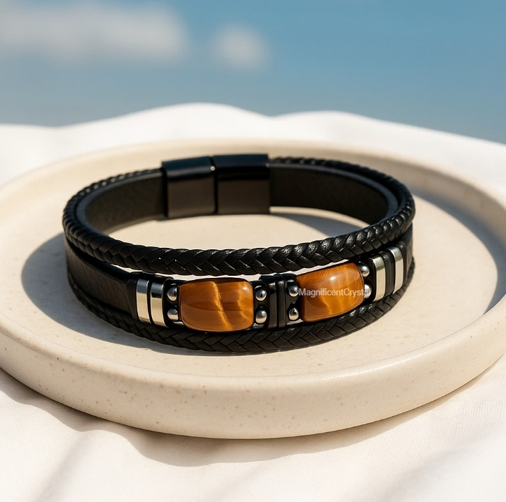 Black Leather Tiger Eye Stone Bracelet Men Jewelry Luxury Gift Healing Gemstones