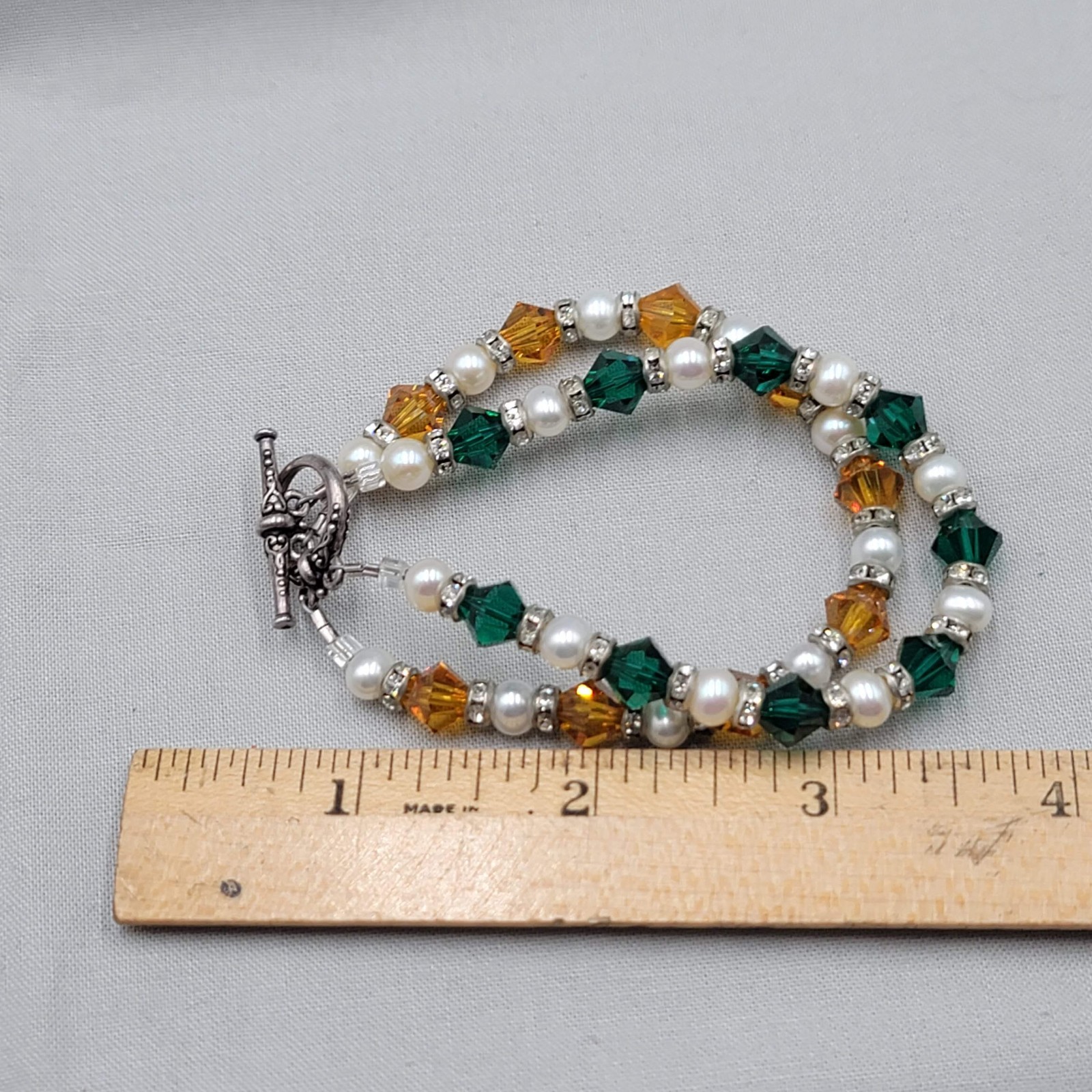 Beaded Bicone Crystal Green Orange Double Strand Bracelet Silver tone Toggle 6.5