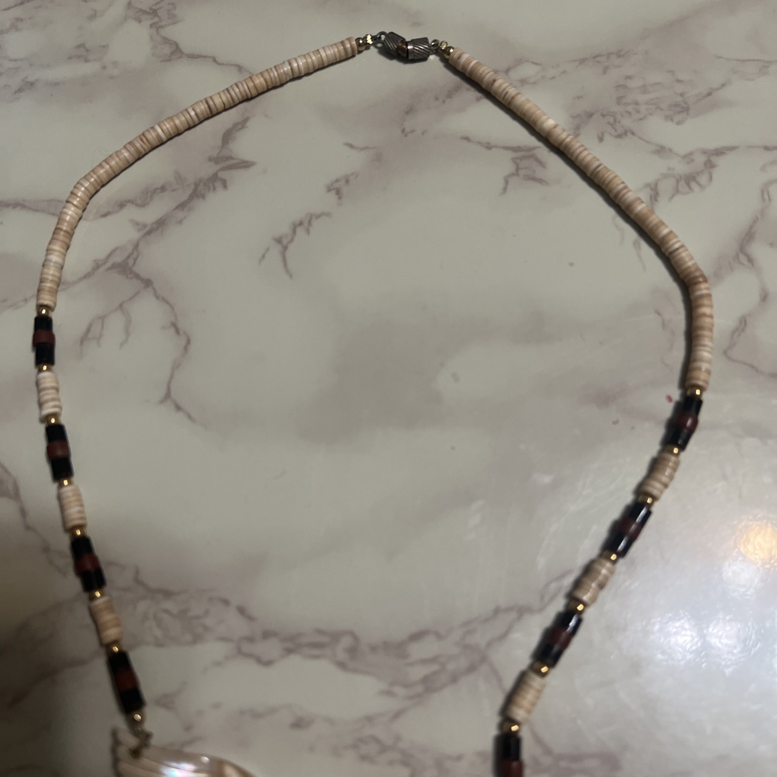 Vintage 16” Inches Native Mother of Pearl Eagle Bird Choker Heishi Necklace