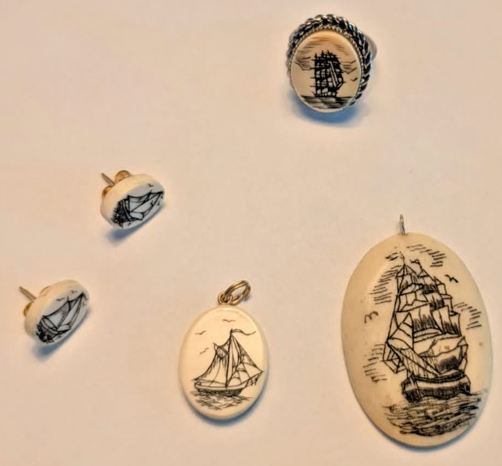 Vintage Scrimshaw Pendant with Ring and Scrimshaw Faux Pendant with Ear Rings
