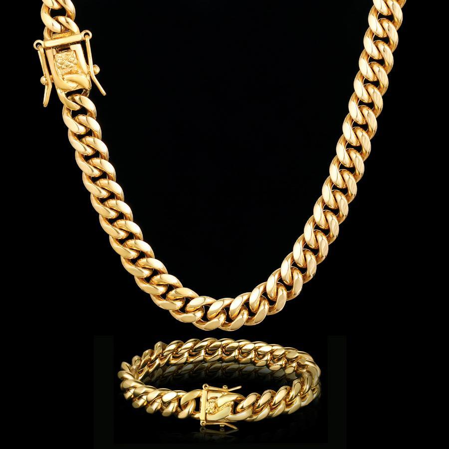 Men’s Miami Cuban Link Bracelet & Chain Combo Set Gold Plated Stainless Steel