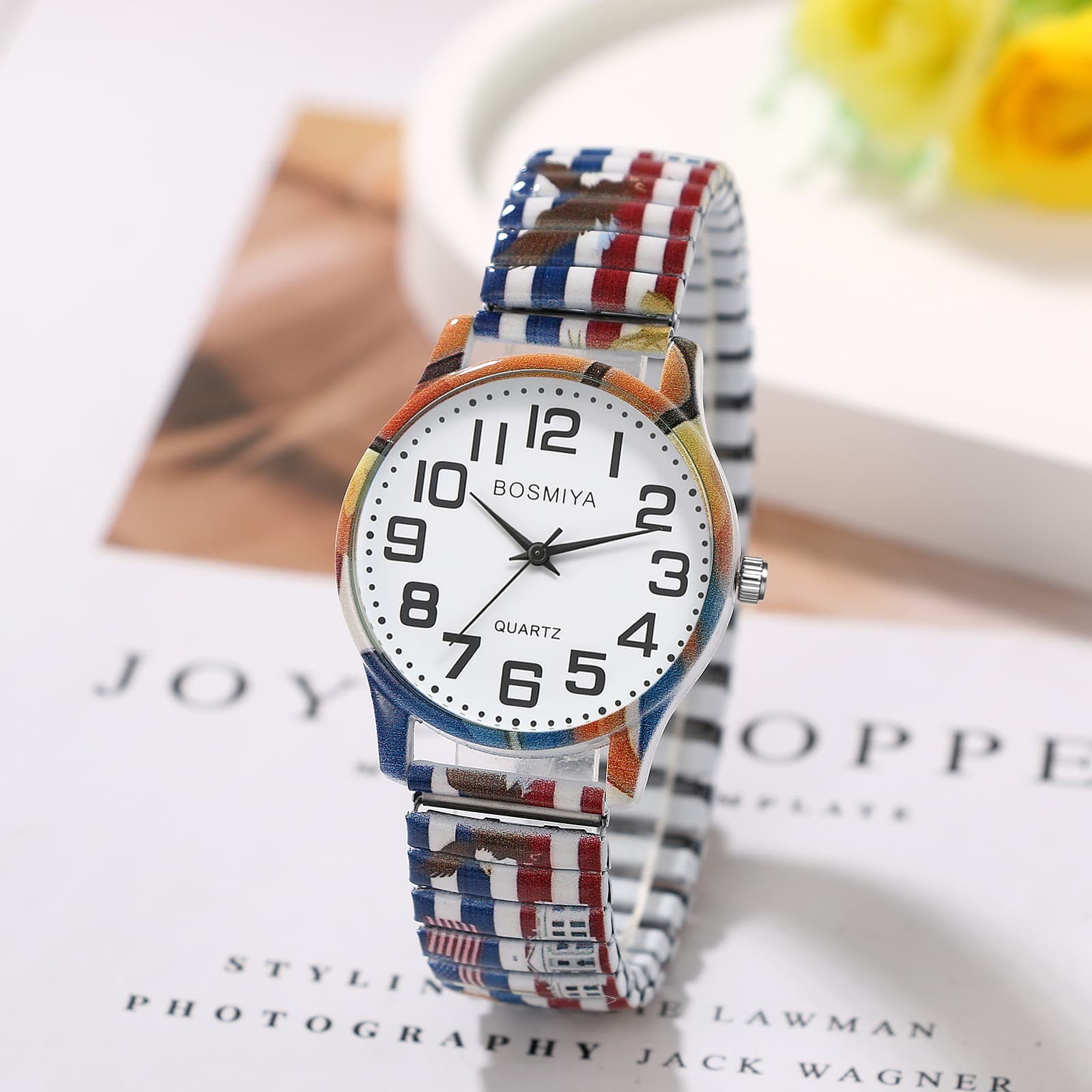 Men Women USA 250th Anniversary Stainless Steel Printed Elastic Band Wrist Watch
