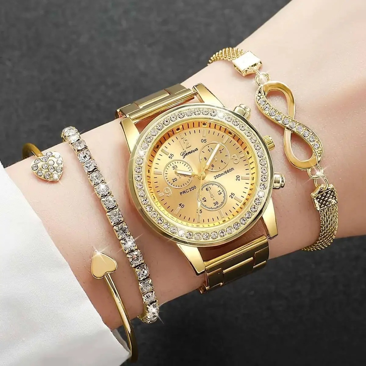 4PCS/Set Fashion Rhinestone Women Watches Luxury Steel Band Ladies Quartz Watch