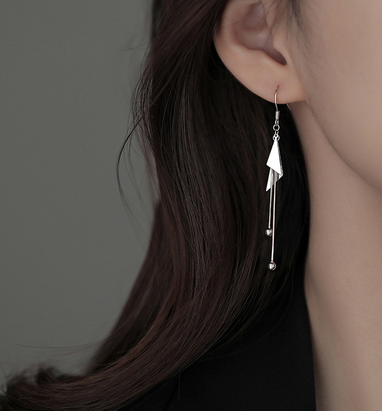 Women 925 Silver Tassel Ball Triangle Geometric Dangle Drop Hook Earrings J1