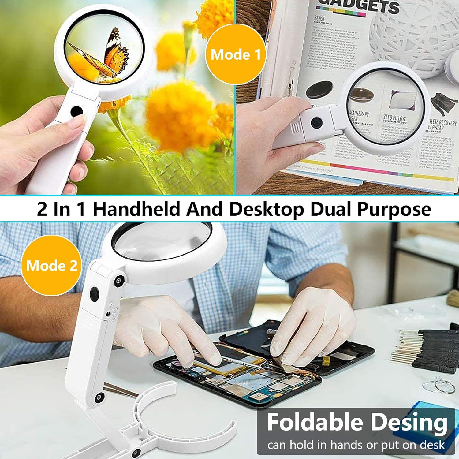 30X 10X Magnifying Glass with Light and Stand, Foldable Handheld Large Magnifyin