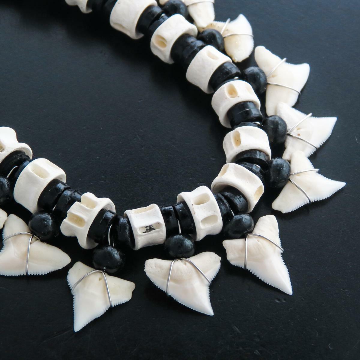 Awesome 21pc Unisex White Tip Shark Tooth Bone Black Heishi Beads Necklace