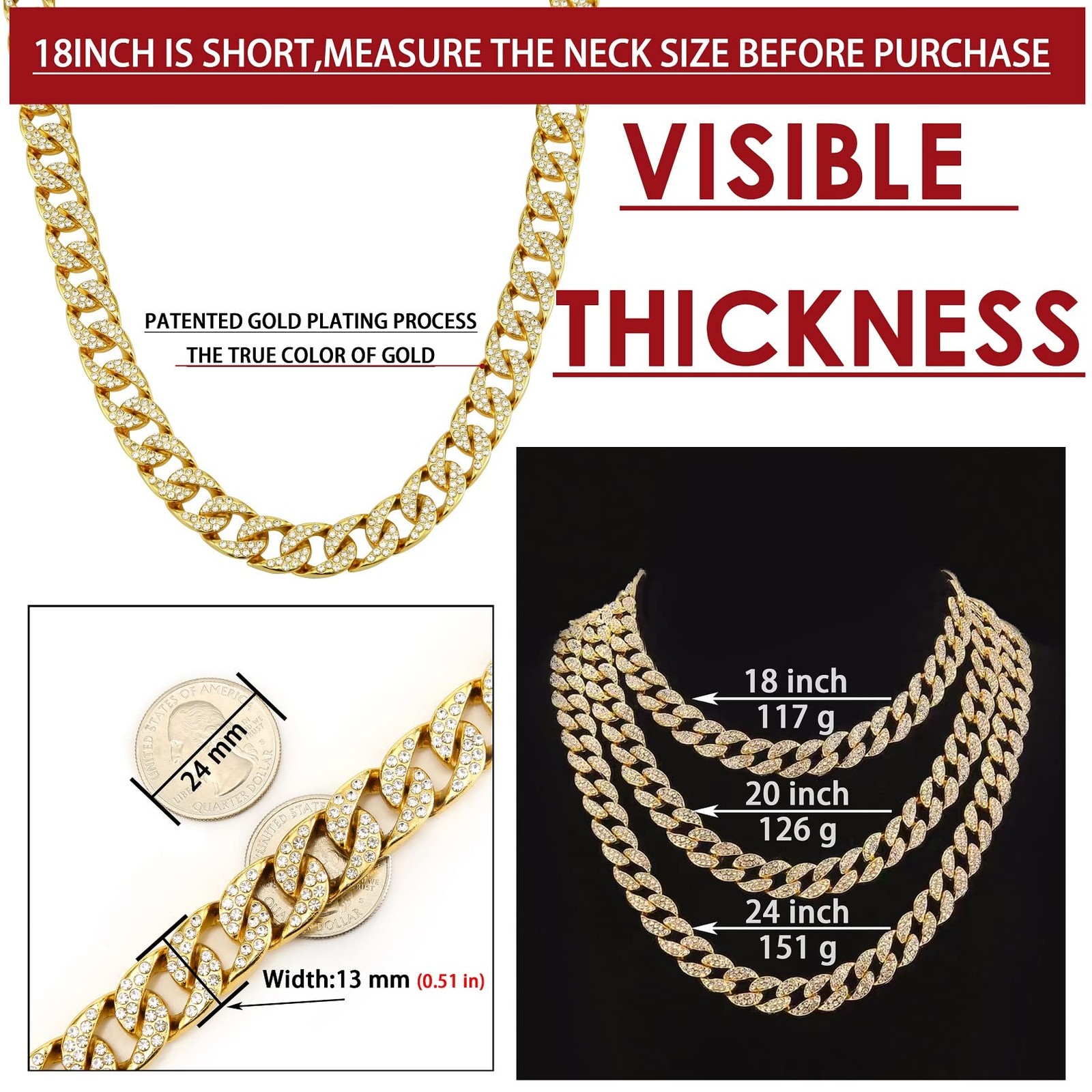 DRUPACE Miami Mens Women Boys Cuban Link Chain Silver Gold Plated Bling Neckl…