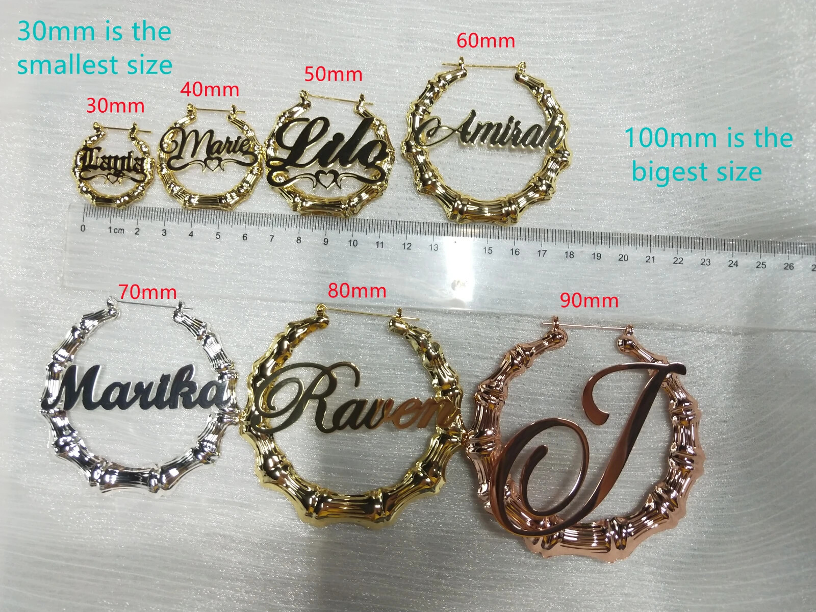 Custom Name Bamboo Hoop Earrings 30-100mm Large Small Medium Jewelry Women Gift