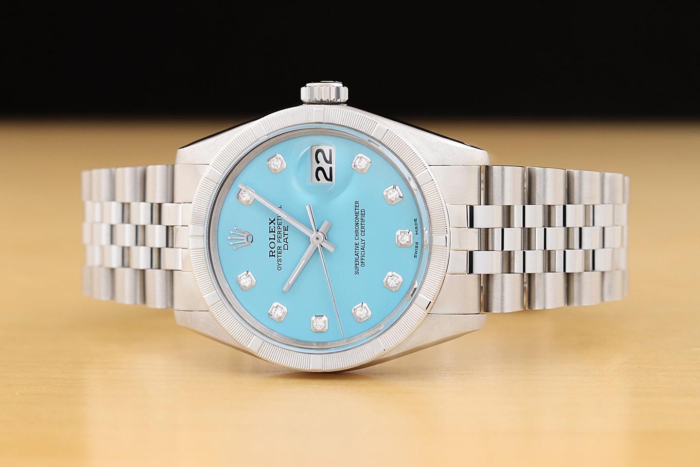 ROLEX OYSTER PERPETUAL DATE 1501 34MM STEEL AQUA BLUE DIAMOND JUBILEE WATCH