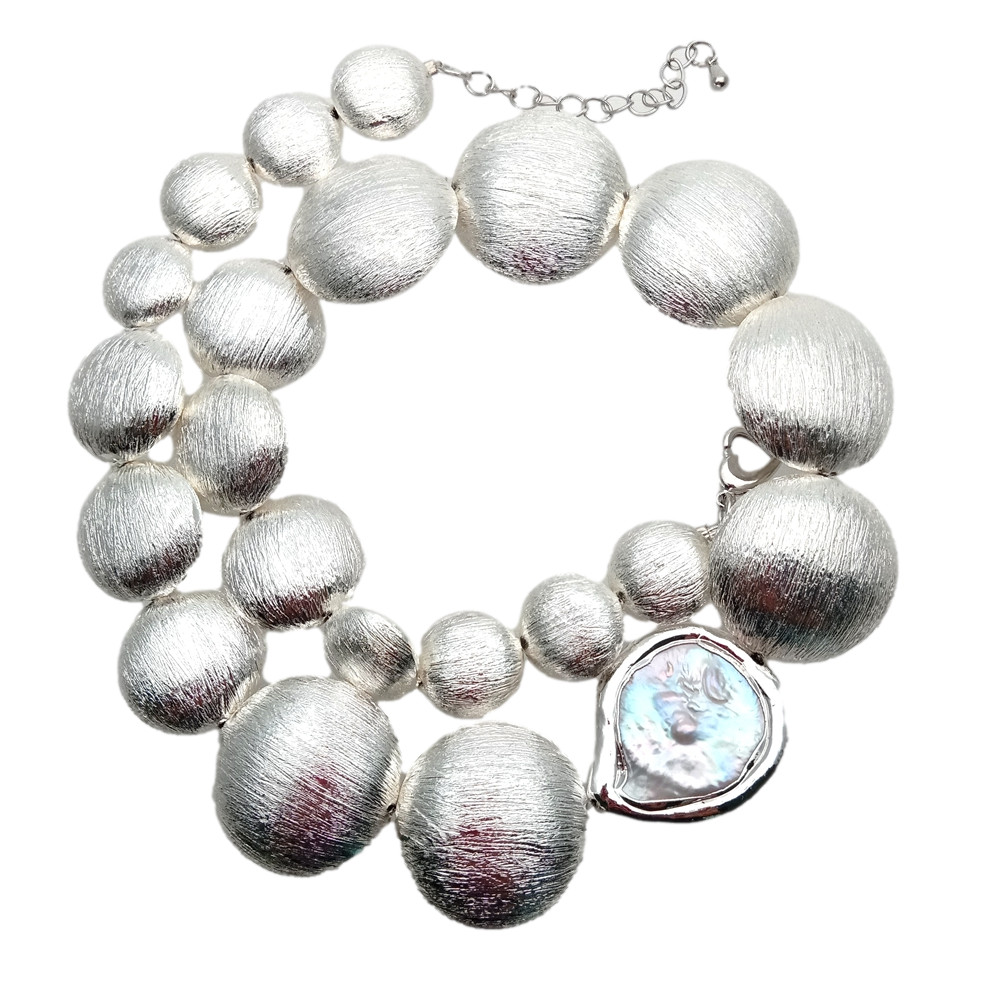 Freshwater White Coin Pearl Silver Color Brushed Coin Bead Graduated Necklace