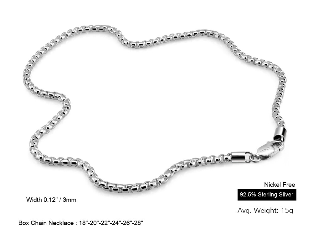 925 Solid Sterling Silver 3mm Round Box Chain Necklace 18″-28″ for Women & Men