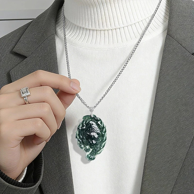 1PC Real Grade A Natural Blue Jade Jadeite Men Carved Leopard Pendant Necklace