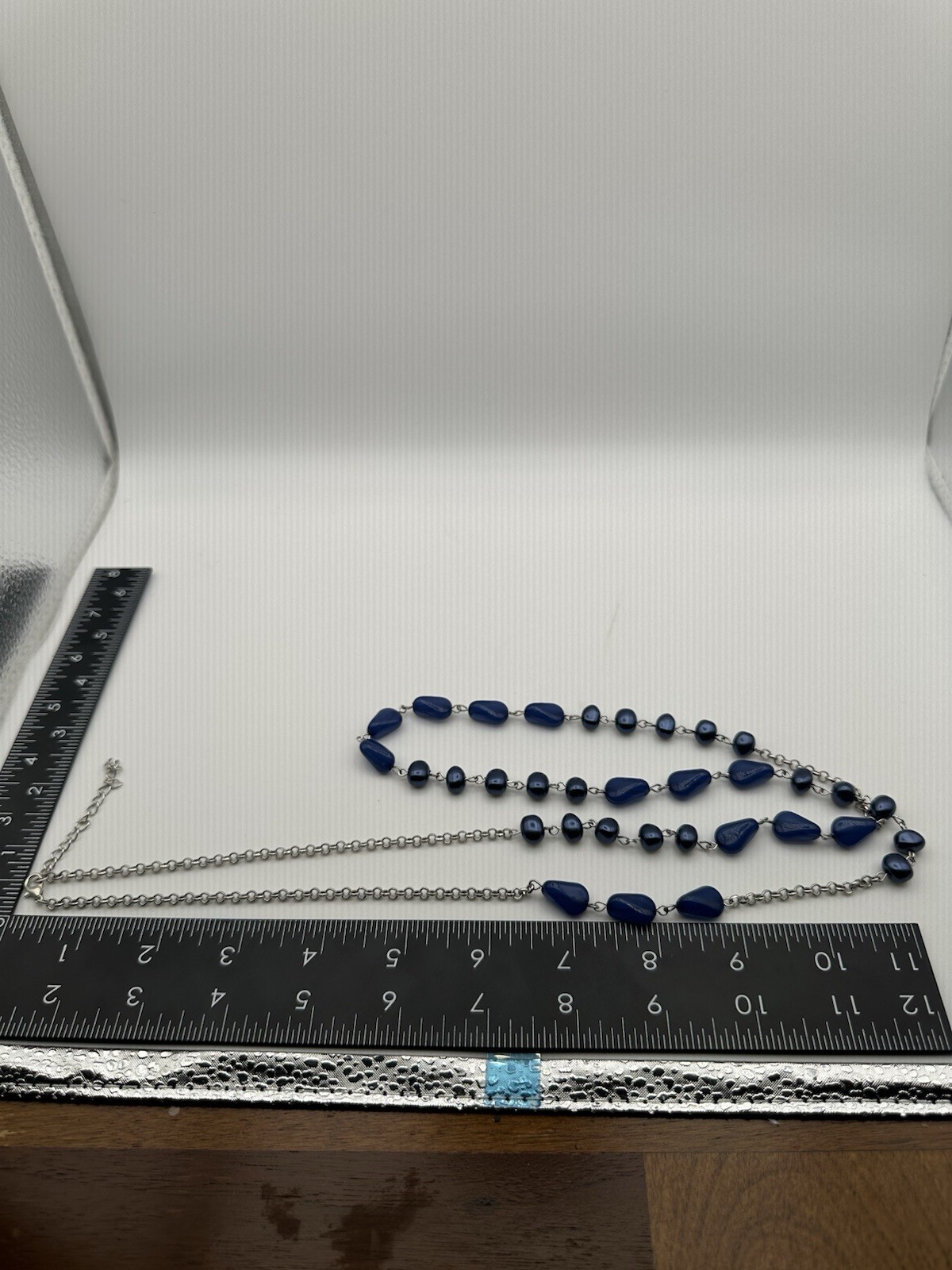 Statement Necklace Blue Beads Silver Tone Layered Cable Chain 36+ in