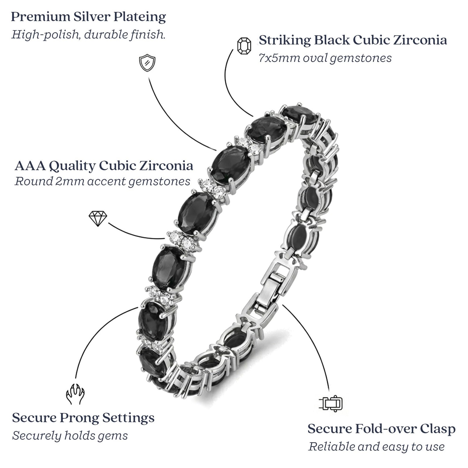 KEZEF Tennis Bracelets For Women – Cubic Zirconia – Oval 7x5mm 7 Inch, Black