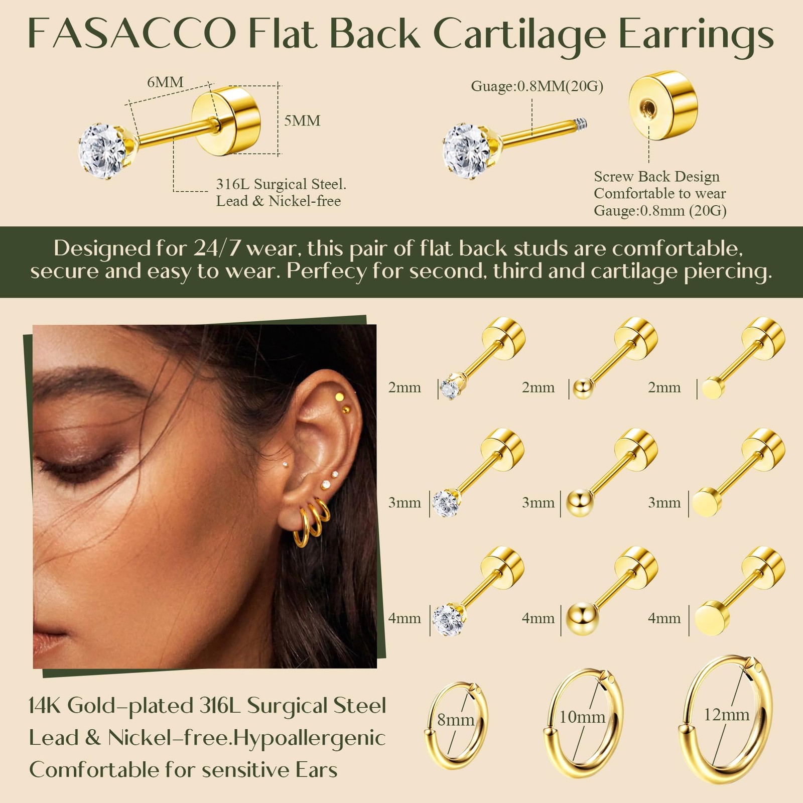 FASACCO Small Tiny Stud Flat Back 20G (0.8MM) and 18G (1MM), gold tone