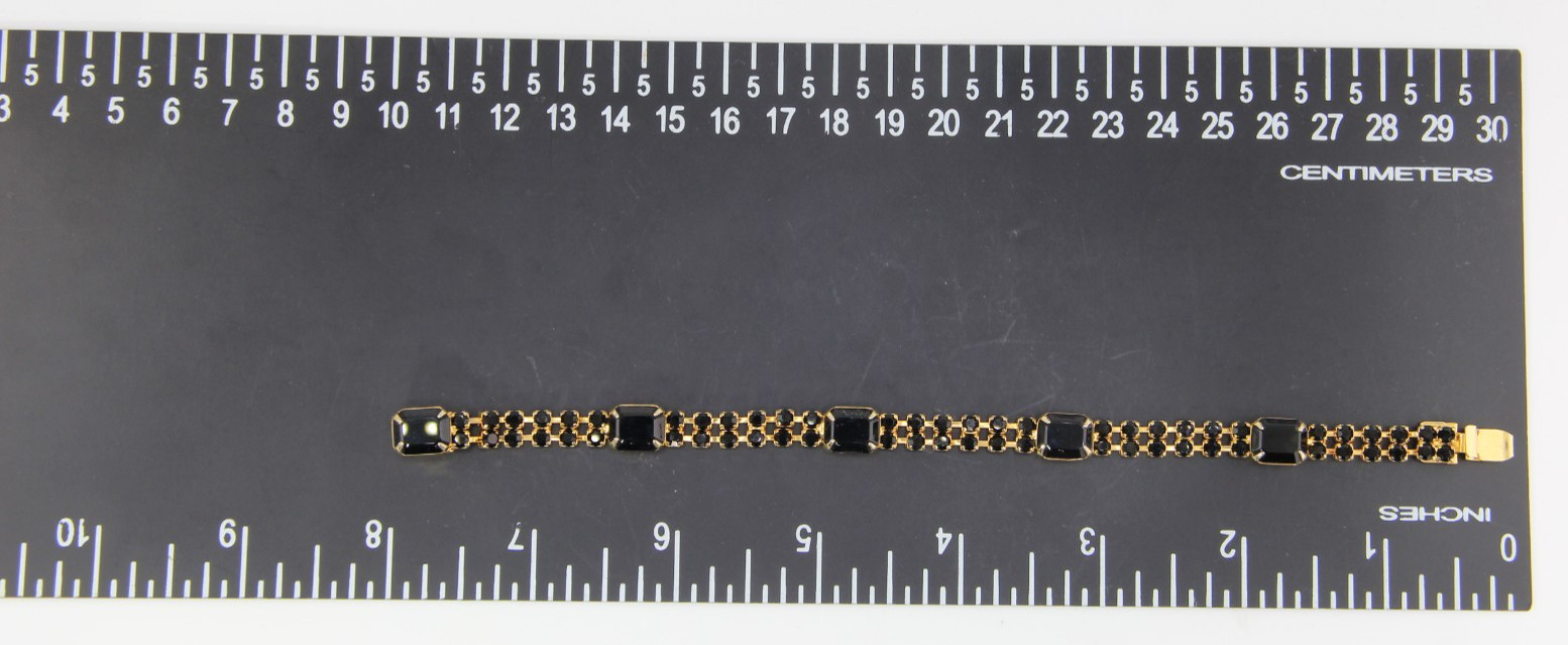 Vintage Bracelet Black Prong Set Rhinestones Push Lock, Czech Republic 1980