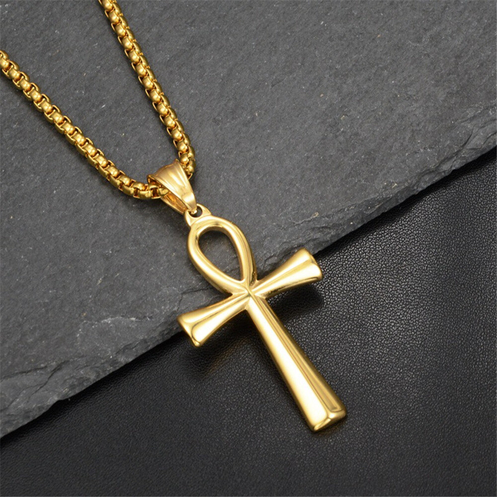 Men Women Cross Necklace Silver Stainless Steel Egyptian Ankh Pendant Chain Gift
